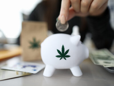 Close-up of person hand putting coin in piggybank with small cannabis symbol on it.