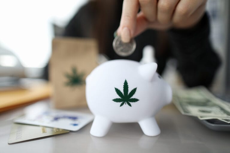 Close-up of person hand putting coin in piggybank with small cannabis symbol on it.